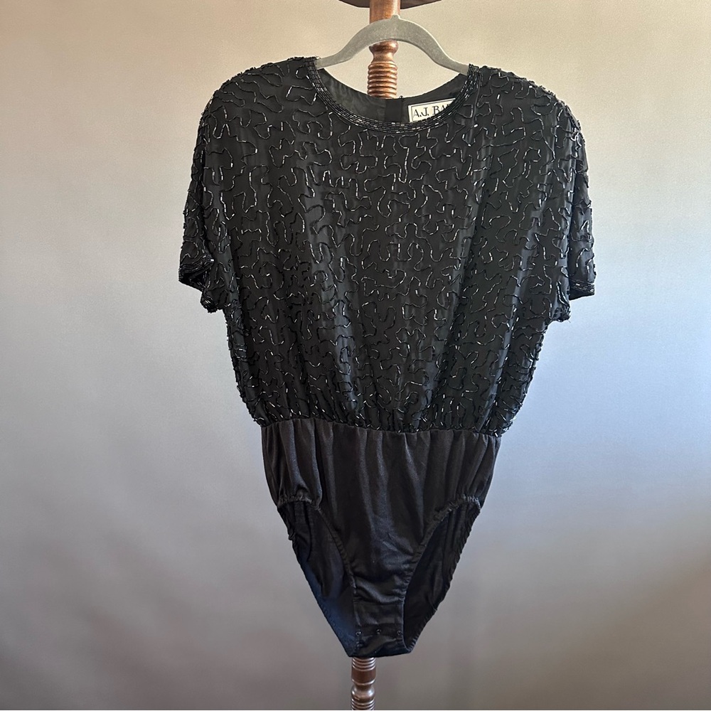 Vintage A.J. Bari Black Silk Beaded Bodysuit Top